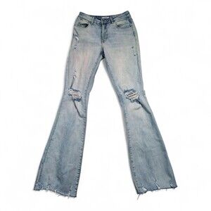 Oat Light Wash Distressed Flare Jeans Size 26